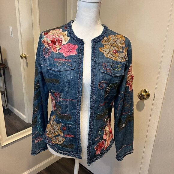 Chico's Beaded & Sequined Patchwork Denim Jacket, Size 0 (US Small/4) - Picture 1 of 15
